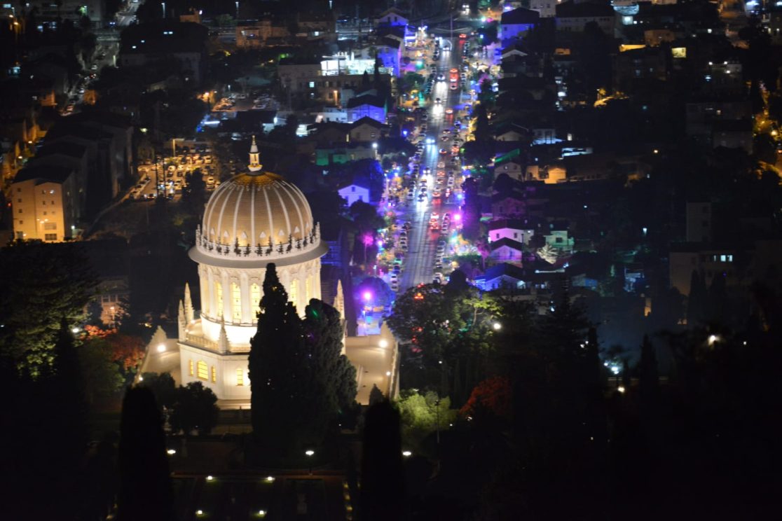 A look at the German colony in Haifa at night from the Bahai gardens