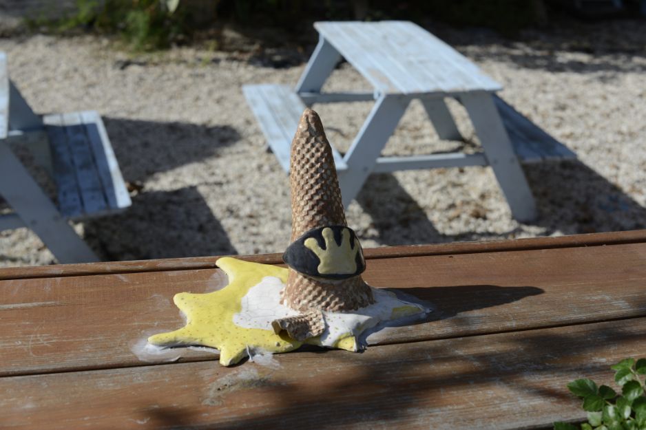 A colorful ice cream statue on the historic Zichron Yaakov pedestrian promenade