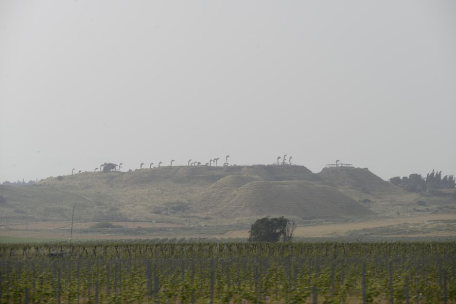 A view of Tel Megiddo from the east on a sandstorm day